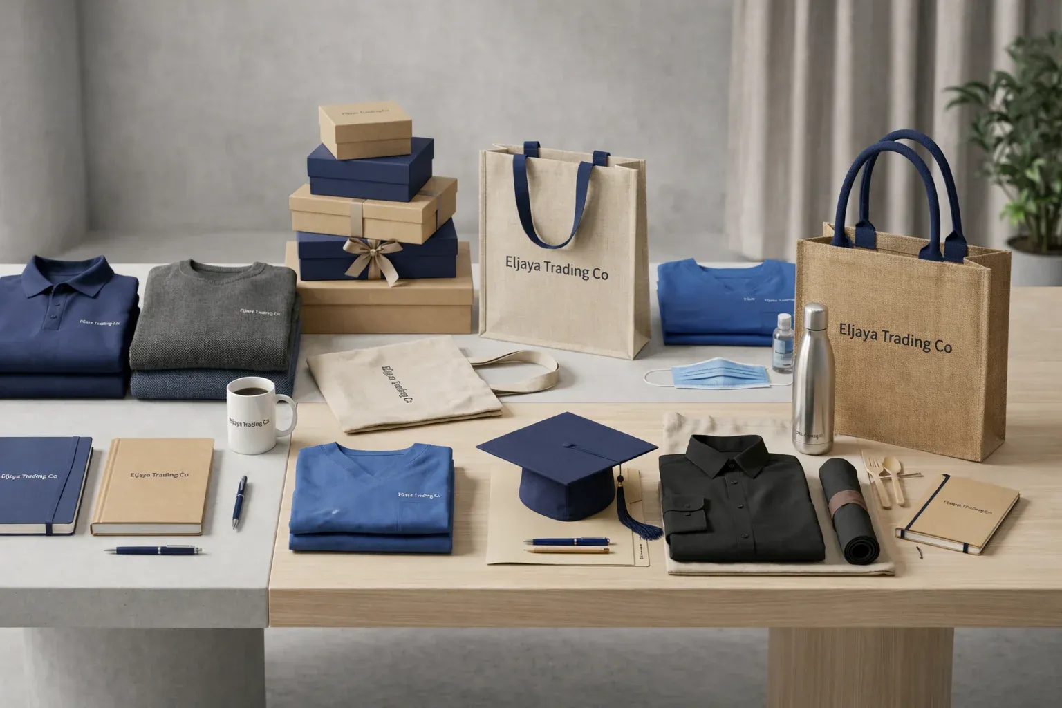 Eljaya branded merchandise: polo shirts, jute bags, notebooks and gift boxes